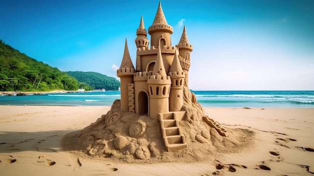 Sand castle on the tropical beach generative ai