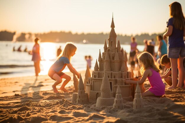 a sand castle with a girl playing in the sand