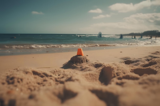 A sand castle with a small orange flag on it.