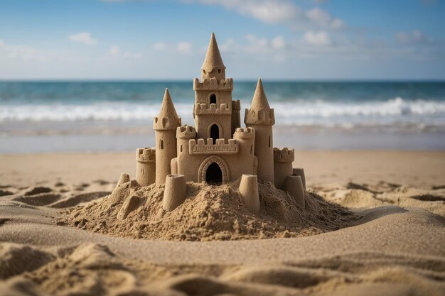 Foto castello di sabbia con uno sfondo di spiaggia dolcemente sfocato