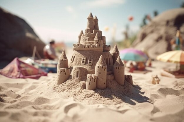 Sand castle with towers on the shore of the sandy beach blue sea Generative AI