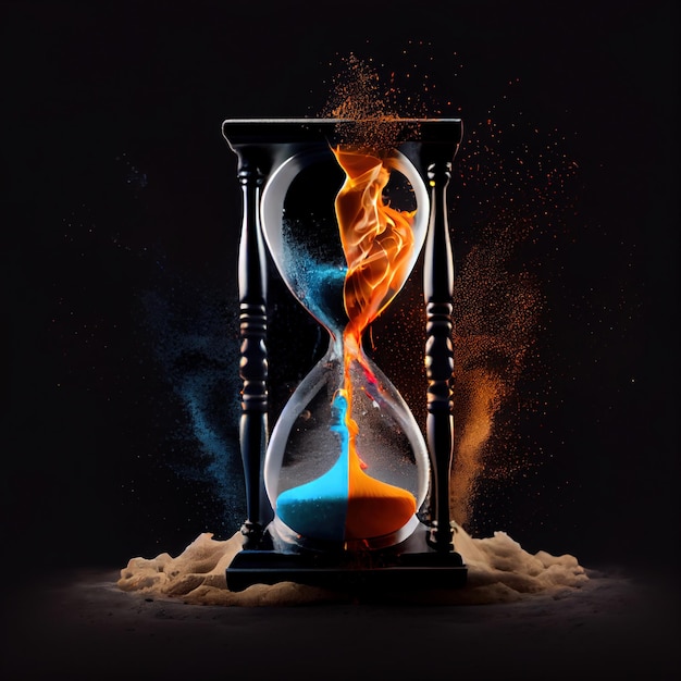 Sand clock in the clash of ice and fire on black background