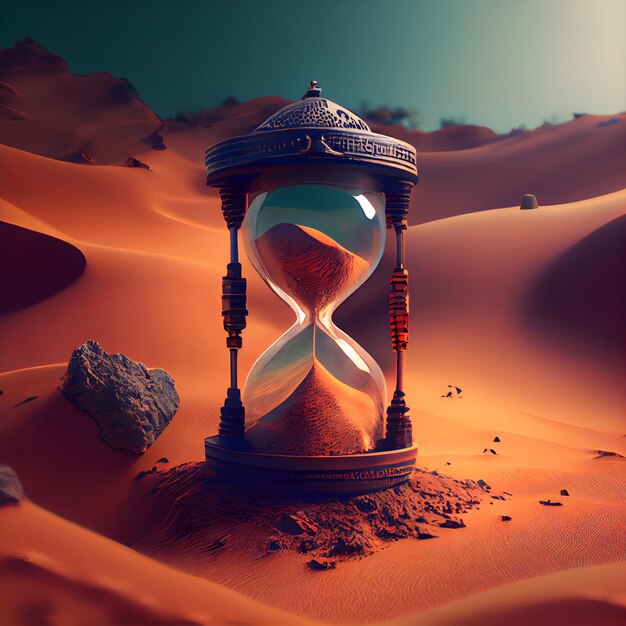 사진 사막의 모래 언덕에서 모래 시계 3d 렌더링 그림