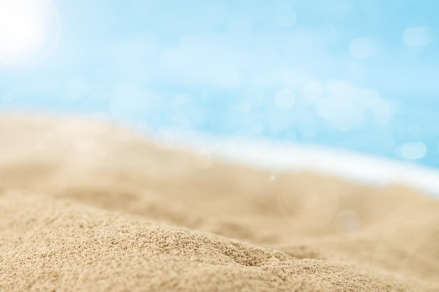 Sand Closeup with blurred sea sky background summer day