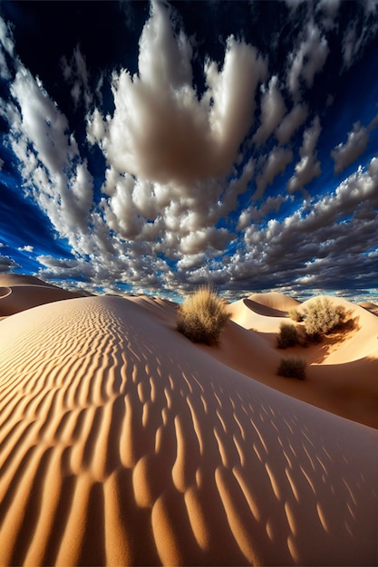 Sand dune in the desert under a cloudy sky generative ai