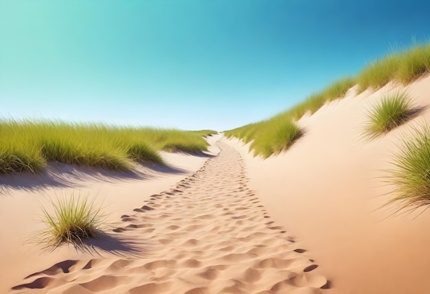 a sand dune with a beach and grass in the background