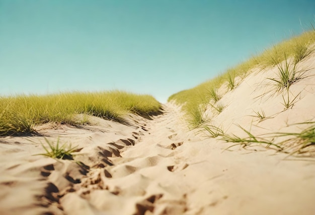 a sand dune with a blue sky and grass in the background