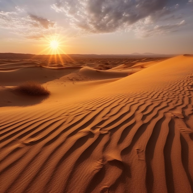 A sand dune with the sun setting behind it