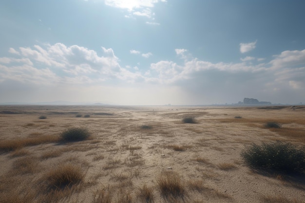 The sand dunes are covered in grass and the sky is blue.