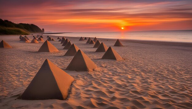 sand dunes are lined up on the beach at sunset