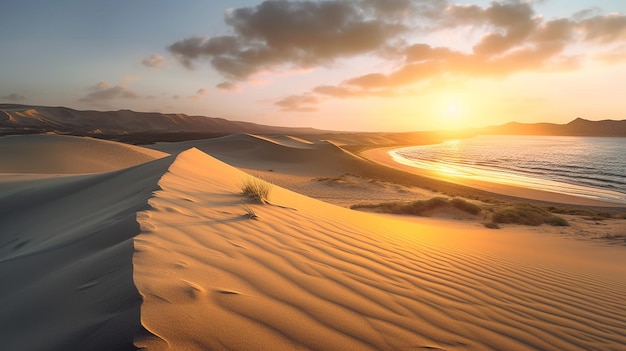 Sand dunes on the beach at sunset Generative AI