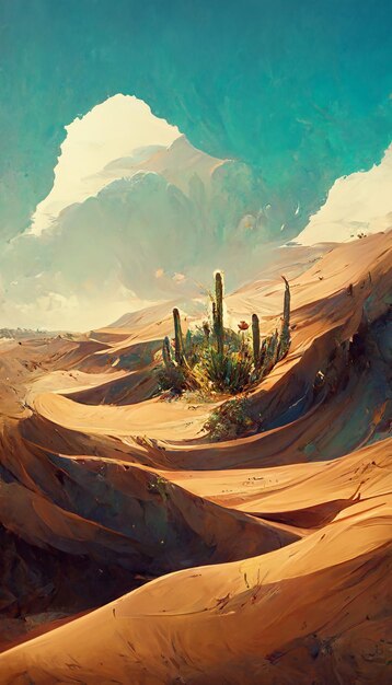 Sand dunes desert cactus oasis background design 3d illustration