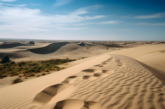 Sand dunes in the desert with a blue sky in the background