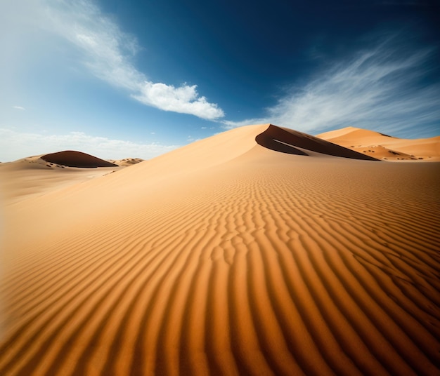 Sand dunes in the desert with a blue sky and a cloud