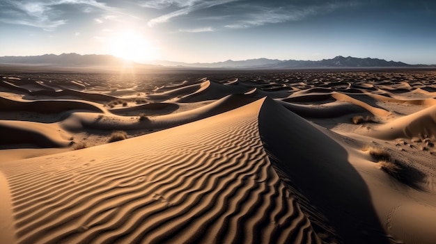 Sand dunes in the desert with the sun setting