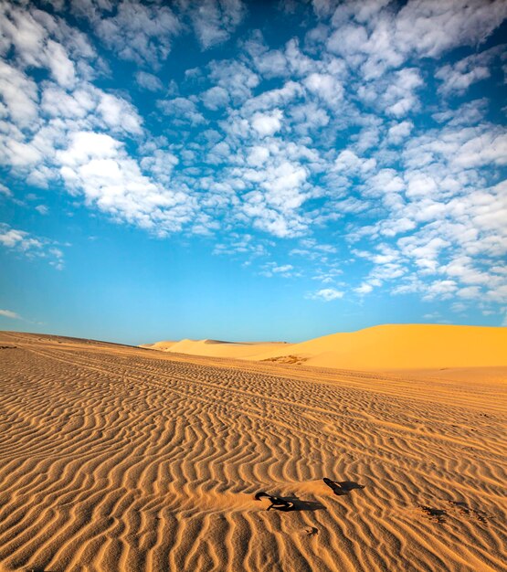 Sand dunes near Mui Ne. Group of off roads on top of dunes in background. Sunny day with blue sky..