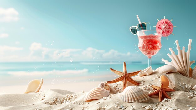 Foto dune di sabbia in riva al mare conchiglie sandali occhiali da sole background cocktail spiaggia