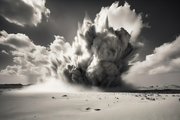 Sand explosion in black and white against dramatic sky