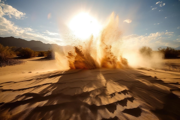 Photo sand explosion in a desert setting with the sun shining overhead