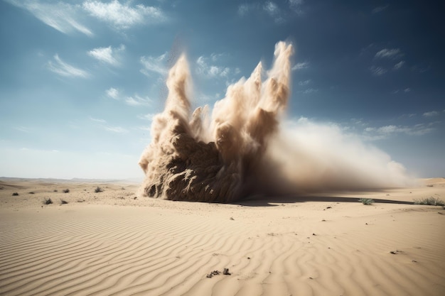 Foto esplosione di sabbia in un deserto con la sabbia che vola verso il cielo