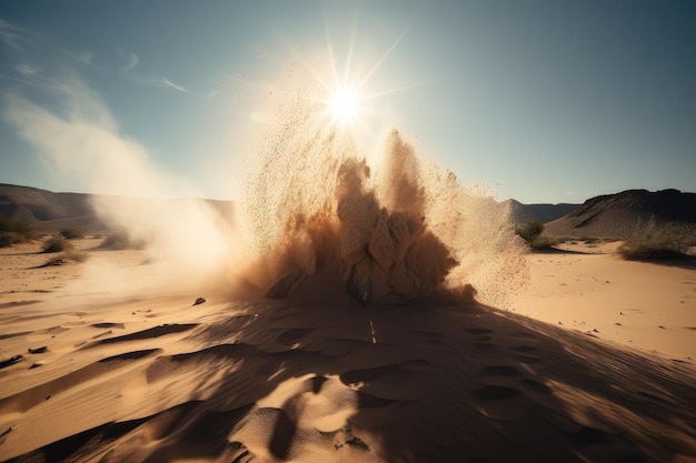 Foto esplosione di sabbia in un deserto con il sole che splende sopra