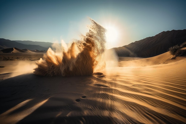 Sand explosion in a desert with the sun shining above