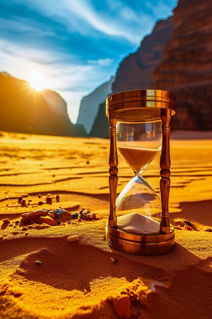 Sand filled beach with large golden colored glass sand timer sitting on it