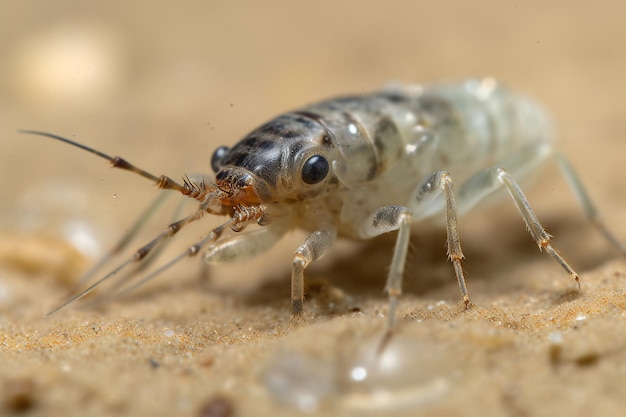 砂のノミの小さなサイズのホッピングモーション長い触角よくカモフラージュされたビーチ環境