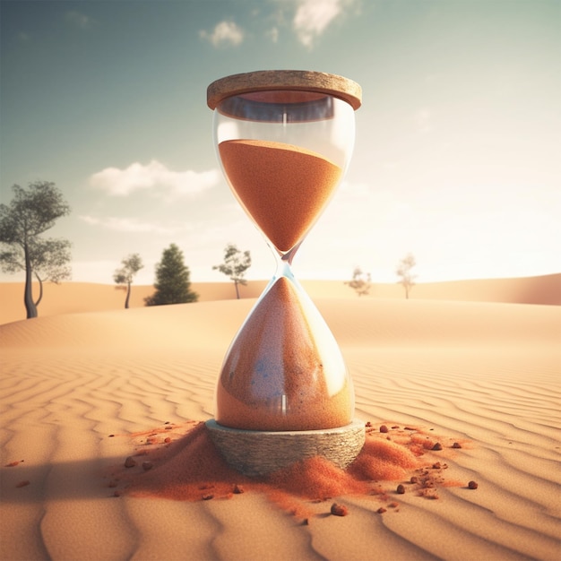 A sand hourglass is standing in the middle of a desert.