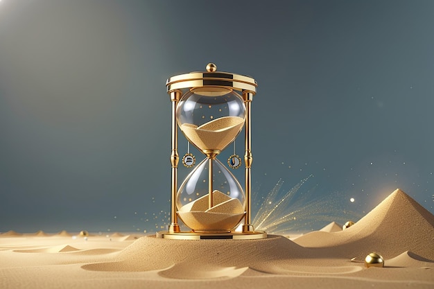 Photo sand hourglass vintage clock timer with transparent glass and gold particles banner of running time loading concept with sandclock and copy space 3d render illustration 3d illustration