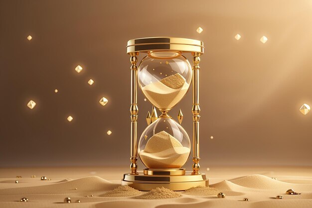 Photo sand hourglass vintage clock timer with transparent glass and gold particles banner of running time loading concept with sandclock and copy space 3d render illustration 3d illustration