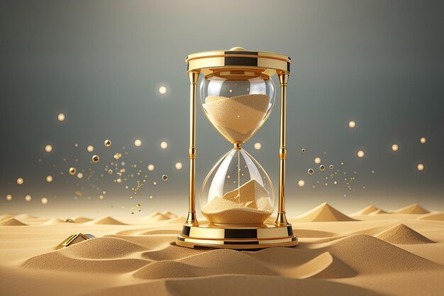 透明なガラスと金の粒子を備えた砂の砂時計ビンテージ時計タイマー砂時計とコピー スペースを使用した実行時間読み込みコンセプトのバナー 3 d レンダリング図 3 D イラストレーション