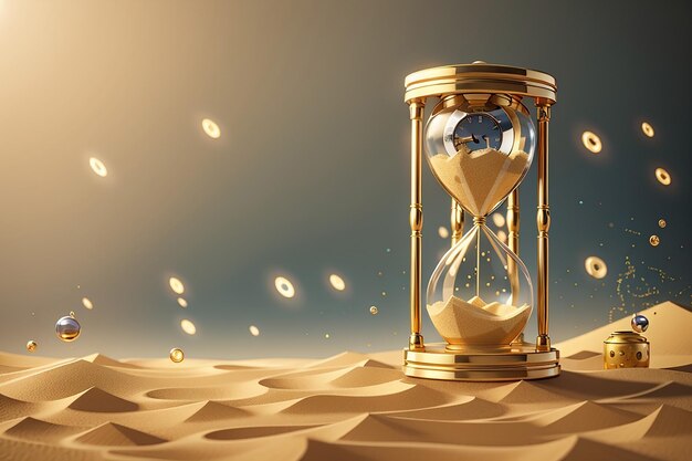 Винтажные часы-таймер из песочных часов с прозрачным стеклом и золотыми частицами. Баннер концепции загрузки времени работы с песочными часами и пространством для копирования. 3D-рендеринг. 3D-иллюстрация.