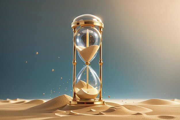 Sand hourglass vintage clock timer with transparent glass and gold particles Banner of running time loading concept with sandclock and copy space 3d render illustration 3D Illustration