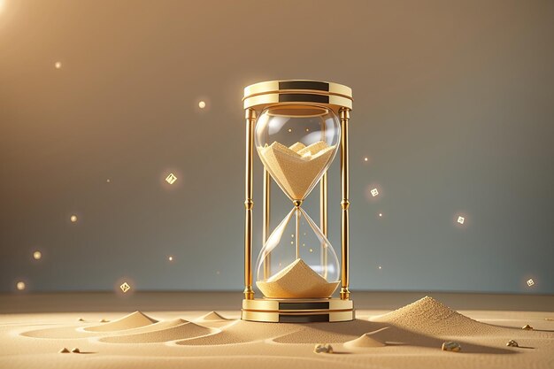透明なガラスと金の粒子を備えた砂の砂時計ビンテージ時計タイマー砂時計とコピー スペースを使用した実行時間読み込みコンセプトのバナー 3 d レンダリング図 3 D イラストレーション