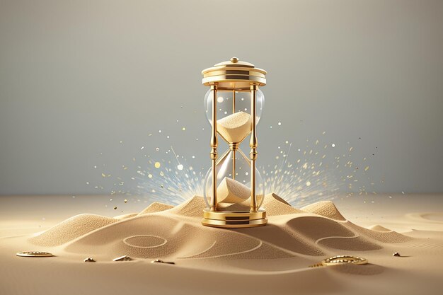 Sand hourglass vintage clock timer with transparent glass and gold particles Banner of running time loading concept with sandclock and copy space 3d render illustration 3D Illustration