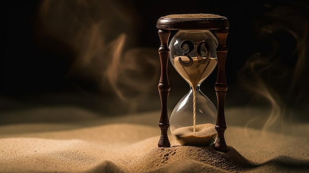 A sand hourglass with the sand slowly trickling down with the number