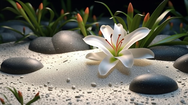 Sand lily and spa stones in zen garden Generative AI