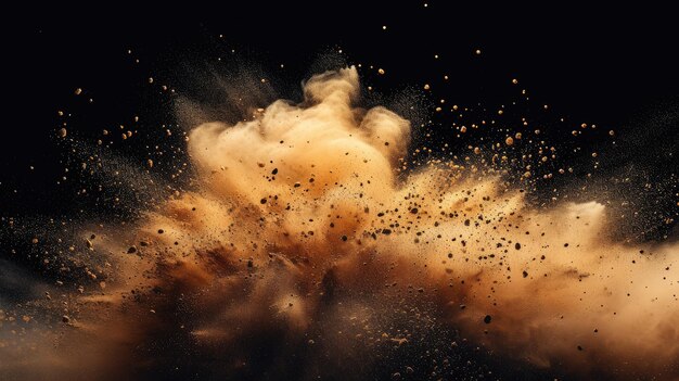 Photo sand particles explosion on black background