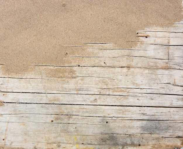 Sand on planked wood. Summer background with copy space. Top view