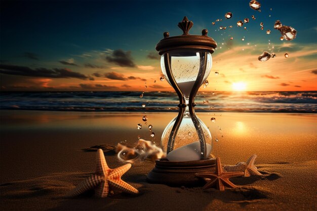 Sand running through the bulbs of an hourglass on beach with starfish