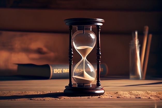 Sand running through the bulbs of an hourglass measuring the passing time in a countdown to a deadline AI Generated