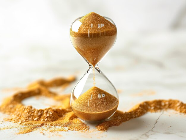 Photo sand running through the hourglass time keeper concept