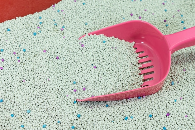 Sand and scoop of pink in toilet for cat