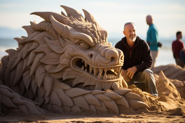 Foto scultori di sabbia che creano capolavori di draghi alle feste della spiaggia di capodanno