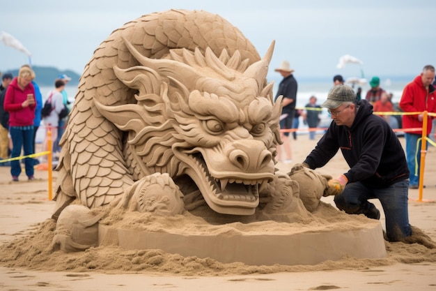 Sand sculptors creating dragon masterpieces at New Year beach festivals