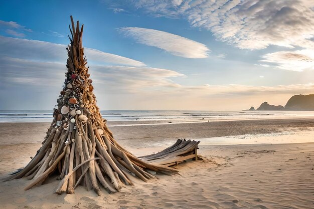 Photo a sand sculpture on the beach is made by the sea.