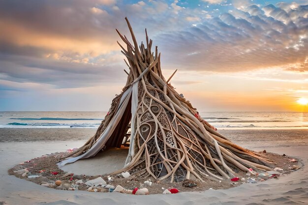 Photo a sand sculpture on the beach at sunset.