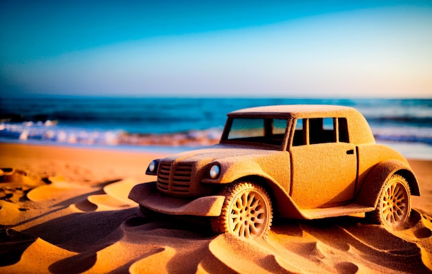 Foto scultura di sabbia di un'auto realizzata da un sandman