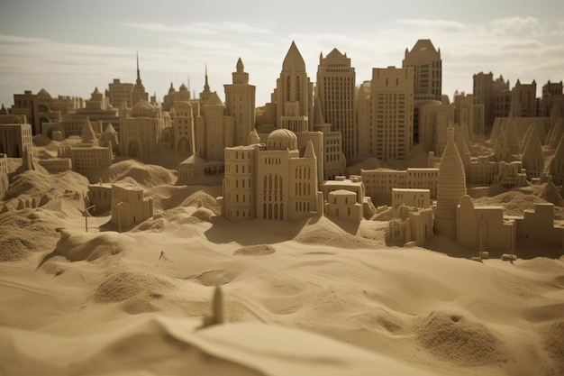 A sand sculpture of a city made by the artist